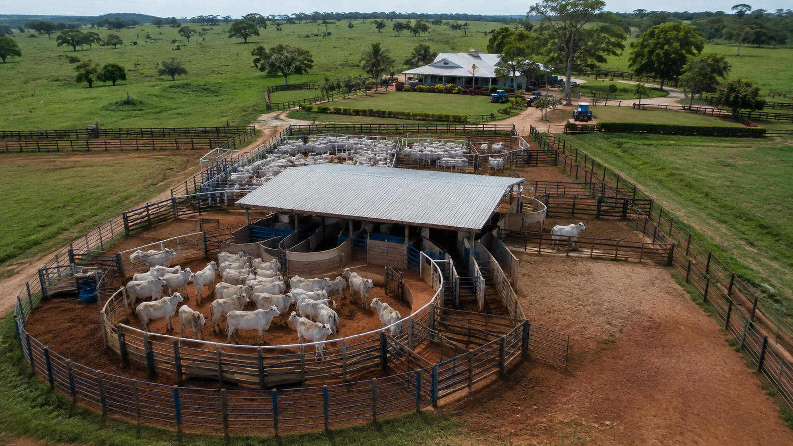 Fazenda com curral, gado e sede rural integrada ao manejo